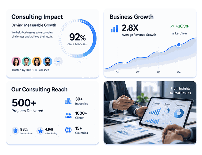 Business consulting dashboard showing consulting impact, business growth metrics, and team collaboration
